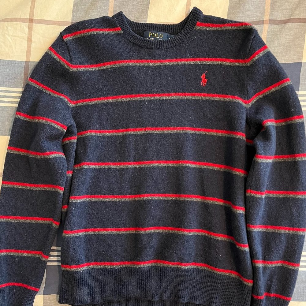 Ralph Lauren Polo Sweater Size Small Color Dark Blue and Red/Gray Stripes